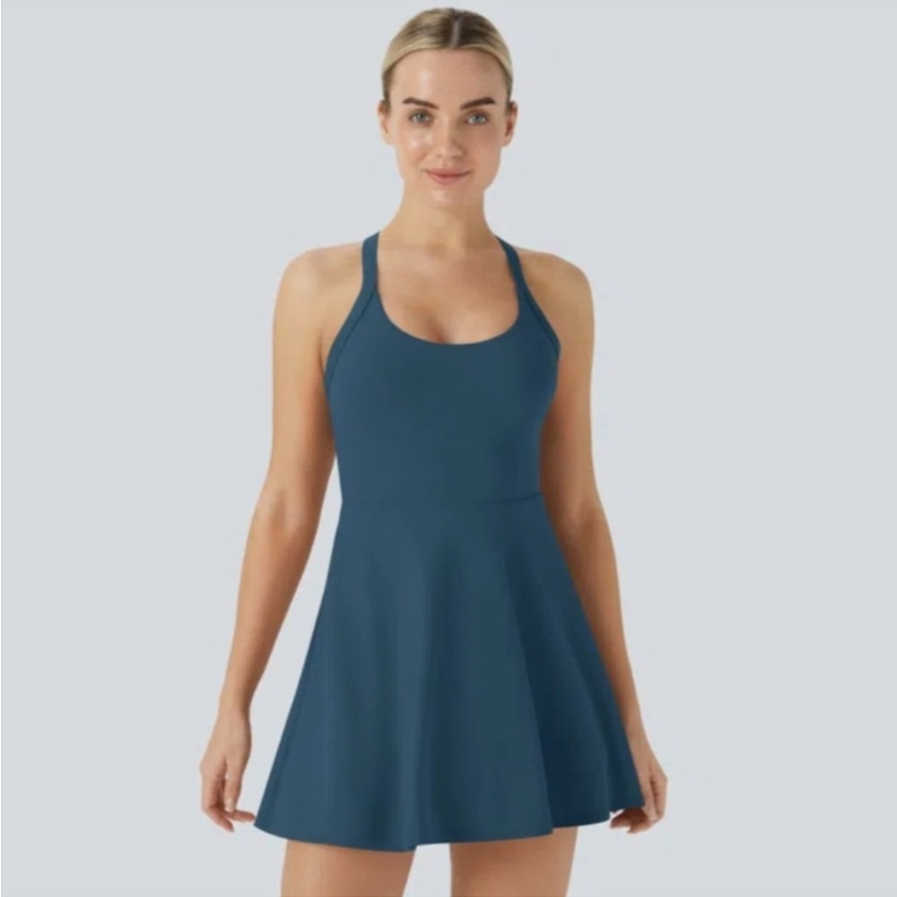 HALARA Teal Backless Skater Dress